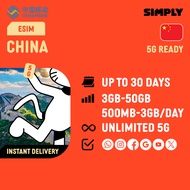 SIMPLY [eSIM] China | 3-20 Days | Daily 500MB/1GB/2GB/3GB | Unlimited4G | Total 3GB - 50GB  Data | N