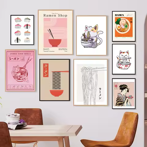 Japanese Ramen Noodles Cat Illustrated Art Print Watercolor Sushi Poster Kitchen Wall Art Canvas Pai