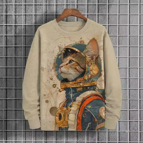 Japanese Pattern Sweatshirts For Men Space Cat 3D Printed Pullover Autumn Oversized O-Neck Hoodies L