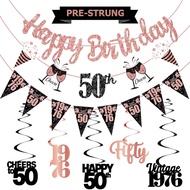 50th Birthday Decorations for Women - Pre Strung Black Rose Gold Happy 50th Birthday Banner Glitter 