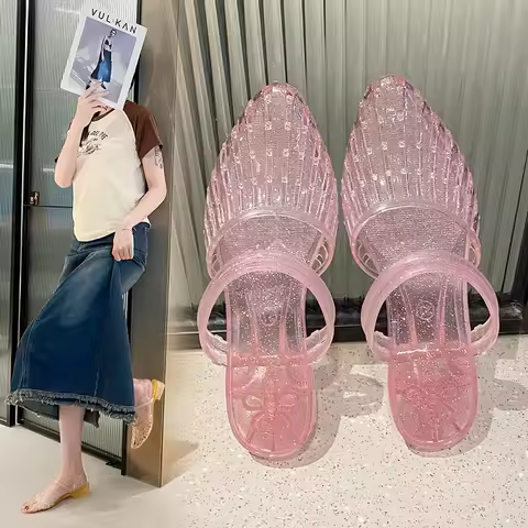 Women'S 2 In 1 Transparent Crystal Plastic Jelly Sandals Non Slip Glitter Pointed Toe Summer Casual 