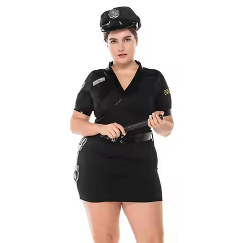 Plus Size Adult Female Police Officer Costume Policewomen Black Cop Uniform Halloween Police Women C