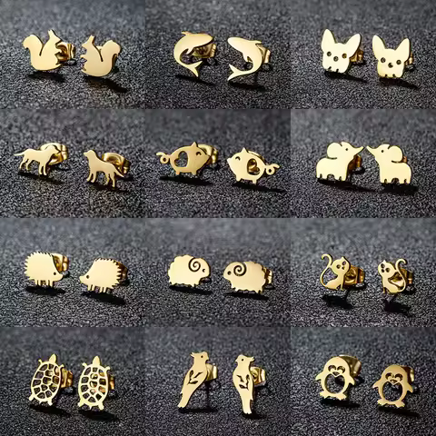 Golden Stainless Steel Animal Stud Earrings for Women Everyday Jewelry Shark Pig Hedgehog Penguin Ea
