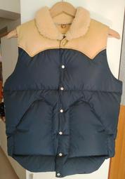 Rocky Mountain Featherbed 羊毛領 雙色 皮革 拼接 深藍色 羽絨背心 36號 日本製