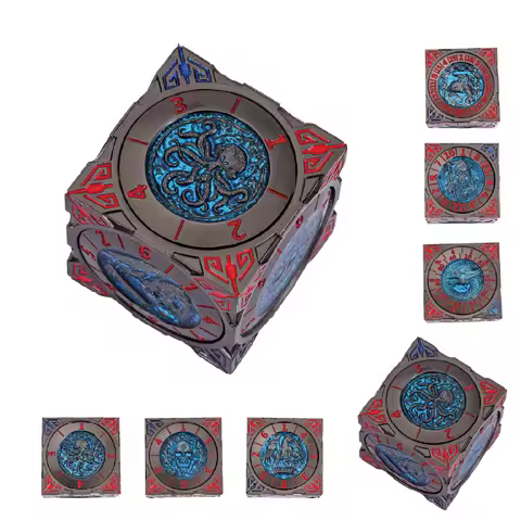 7-in-1 DND Metal Rotating Dice Unique Spinner Cube Six Sides Dice with 3D Relief for Fantasy D&D Tab