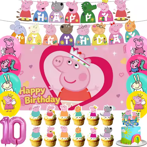 Cartoon Peppa Pig Theme Children Birthday Party Decoration Cupcake Topper Banner Boys Girls Photogra