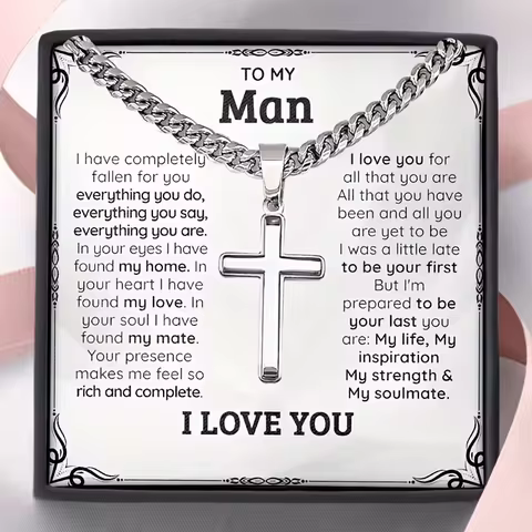 Cuban Necklace with Cross Pendent+Message Card+Gift Box, Unique Valentine's Day/Date/Birthday/Party 