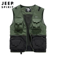 JEEP SPIRIT เสื้อกั๊กผู้ชายหลายกระเป๋าเสื้อกั๊กสีดำบางเสื้อกั๊กกลางแจ้งเสื้อกั๊กแบบมีหลายกระเป๋า