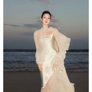 Cod Glossy Gauze Patchwork Sling Dress Dress Suit Ouyang Nana Same Style Acetate Cloak Vacation Suns