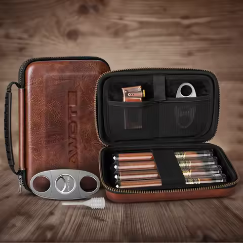 Travel Cigar Humidor Portable with 4 Cigar Tube, Leather Cigar Case Include V-Cutter, Cigar Accessor