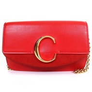 【5積分】成色極佳 △ Chloe CHC19SS192A37640 Chloe C Logo 麂皮鏈條單肩包RED金色五金配件 附防塵袋 義大利製 女士