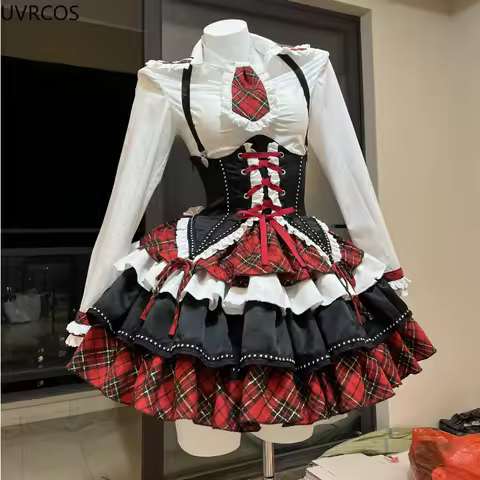 Japanese Gothic Lolita 3 Piece Set Women Plaid Patchwork Kawaii Sweet Mini Skirt Suit Female Korean 