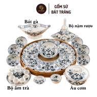 Sun Flower Bowl Set with Melaleuca Lotus Painting, Bat Trang Ceramics Ancestor Worship Set