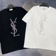HOT_YSL New Men's Loose Short-sleeved T-shirt Heavy Industry Hot Diamond Letter Round Neck Top Summer Thin Bottoming Shi