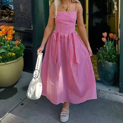hirigin Casual Bow Striped Maxi Dress Summer Cami Dress Flowy Beach Swing Sleeveless Spaghetti Strap