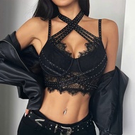 H36 - Red and black corset with small sparkling beads, 2 short straps bra with see-through mesh lace