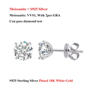 4 Prong 0.2-2CT Moissanite Stud Earrings D Color For Women Men S925 Silver Plated 18K Party Wedding 