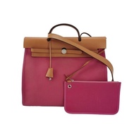 Hermes Herbag39馬鞍釘鎖釦斜挎包單肩包Hunter牛皮帆布銀扣L5龍蝦粉框P刻