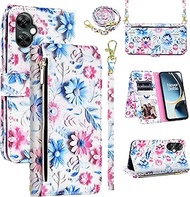 Wallet Case for OnePlus Nord N30 5G/CE 3 Lite with Wrist Strap Shoulder Strap, Zipper Floral PU Leat