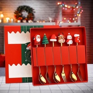 【In stock】CHIBEL 6 Pcs Set Christmas Spoons Fork Set Safe Durable Delicate Christmas Dessert Spoon and Fork Gift Reusable Cute Beautiful Gift Box for Relatives Colleagues Friends F