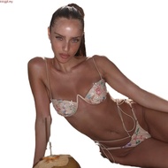 Women Swimsuit Pink Lace Embody Floral Integrate Underwire Push Up Two Piece Bikini Swimwear