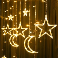 Lampu Raya RGB/Warm White Moon & Star Light Fairy Star LED Curtain String Lighting For Wedding Garla