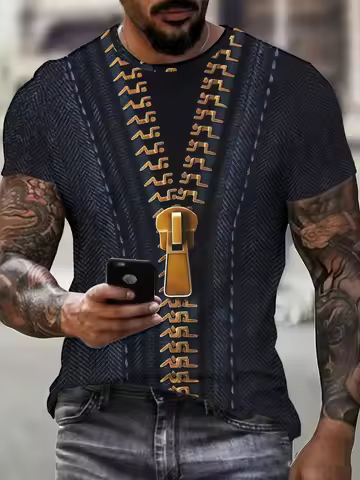 Summer Men Plus Size O Neck T‑Shirt 3D Fake Zipper Ethnic Pattern Print Casual Short Sleeve Tee Tops