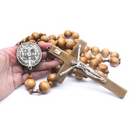 Saint Benedict CSPB Medal Wooden Bead Chain Rosary Necklace Catholic NRI Large Cross Pendant Necklac