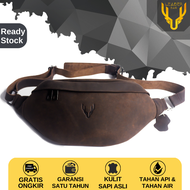 Tas Selempang Pria Kulit Sapi Merk Leaderbag Terbaru Warna Coklat Waterproof Waistbag Tas Pinggang K