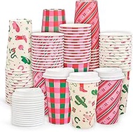 Whaline Christmas Disposable Coffee Cups Xmas Pink Buffalo Plaid Western Paper Cups with Lids 16 Oz 