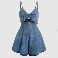 Women Plus Size Blue Denim Romper With Knot Detail Summer Summer Outfits For Women Vacation Outfits 