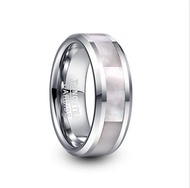 BONLAVIE 8mm Wide Tungsten Carbide Ring Mens Wedding Ring Steel Color Inlay White Mother-of-pearl Tu