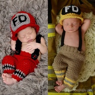 Firefighter Baby Photography Suit Fireman Photo Props Handmade Children's Knitted Hat