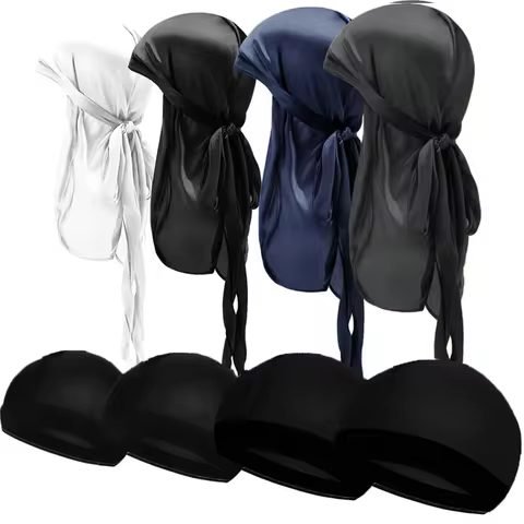 4pcs Durag and 4pcs Dome Cap Set Men Silky Do Rag With Nylon Wig Liner For Braids Dreadlocks Hair St
