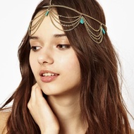 Boho Layered Turquoise Stone Head Chain Gypsy Turquoise Hair Chain Fashion Hair Accessories Beachwea