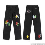 Chrome Hearts Classic Color Cross Leather Wide Leg Men Women Same Style Straight Jeans