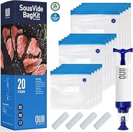 Sous Vide Bags Kit - 20 Pieces, 3 Sizes, Vacuum Sealer Bags, Hand Pump, Clips - Fits Joule & Anova C