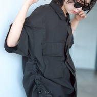 北海高領側抽繩短袖襯衫 - 2色 - 伸縮黑