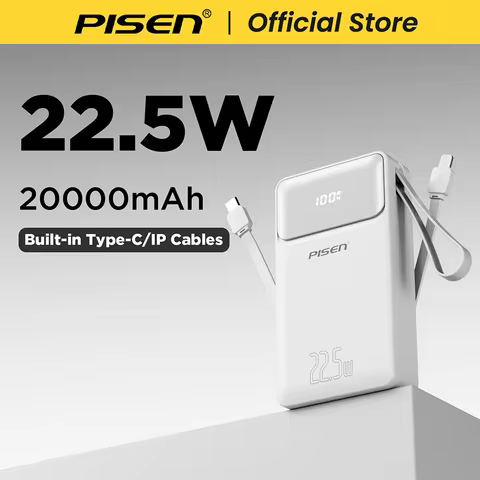 PISEN 22.5W Power Bank 20000mAh With Built-in Type C/L Cables Fast Charging Powerbank For iPhone Sam
