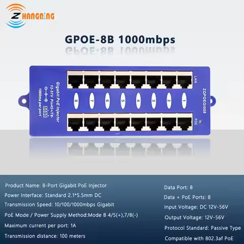 Free Ship Mode B Security Gigabit 8 Port PoE Injector 802.3af PoE Patch Panel For 48v or 24V Mikroti