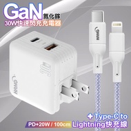 HANG 30W雙孔 氮化鎵GaN快充USB+Type-C 超快充電器-白+20W高密編織 Type-C to iP PD快充充電線1米-紫線