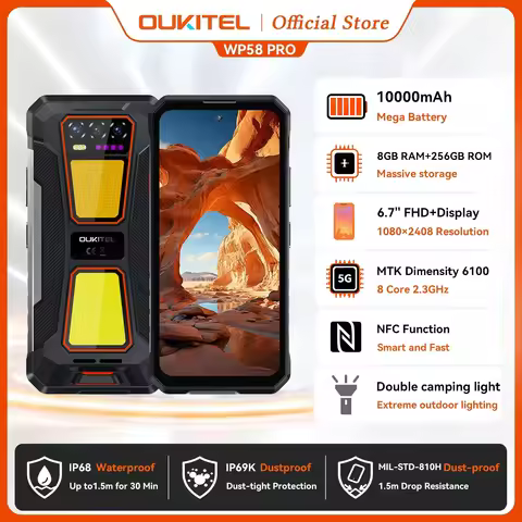 OUKITEL WP58 PRO 5G Rugged Smartphone 24GB(8+16) RAM + 512 ROM, Android 15 NFC 64MP Cellphone with C
