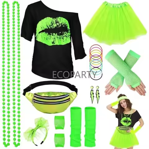 80s Costume Accessories T-Shirt Tutu Skirt Headband Earring Necklace Fishnet Gloves Legwarmers 80s P