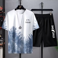 【2 Color】M-5XL Plus Size Korean Men's Stitching Letter Printed Set Short-sleeve T-Shirt + Shorts Sum