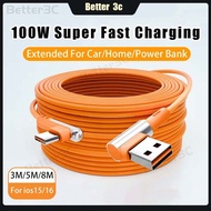 100W Super Fast Charging Cable 90°Elbow USB to ios Data Cable 3M/5M/8M Ultra Long Type C Charger Cab