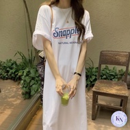 Korea NEW Straight Long Dress Short Sleeves Snapple Screen Print No Side Pockets