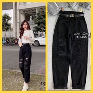 WOMEN'S Ripped BLACK HIGH-WAIST BAGGY JEANS H.N.M STORE fashion