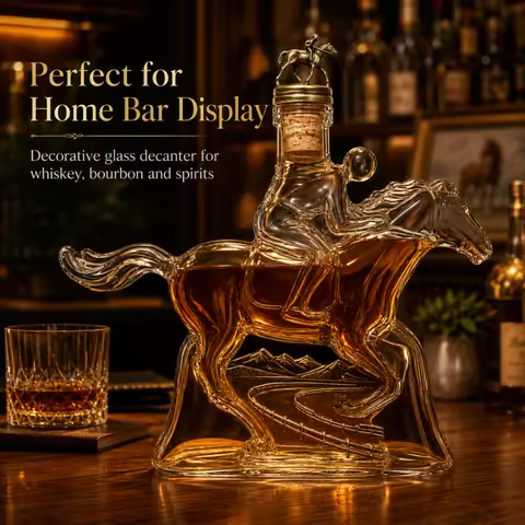 Equestrian Galloping Horse Jockey Shaped Crystal Decanter, Vintage Racetrack Embossed Liquor Bottle 