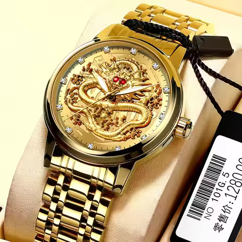 FNGEEN Luxury Fashion Ultra-thin Man Watches Dragon Pattern Luminous Gold Color Waterproof Quartz Me