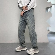 Trendy Loose Straight Leg Light Beige Washed Denim Jeans Mens American Retro Wide Leg High Street Hi